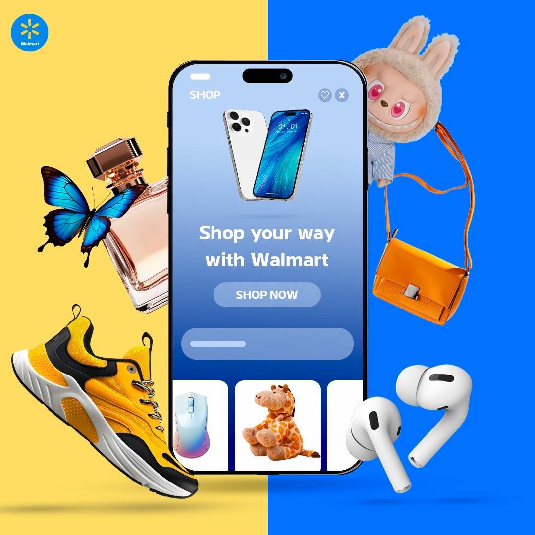 Phone with Walmart app in front of artistically styled sport atributes